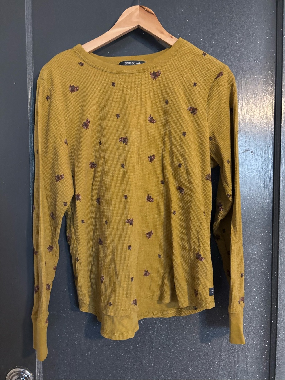 Toad&Co Mustard Crewneck Waffle Knit Sweater with Brown Floral